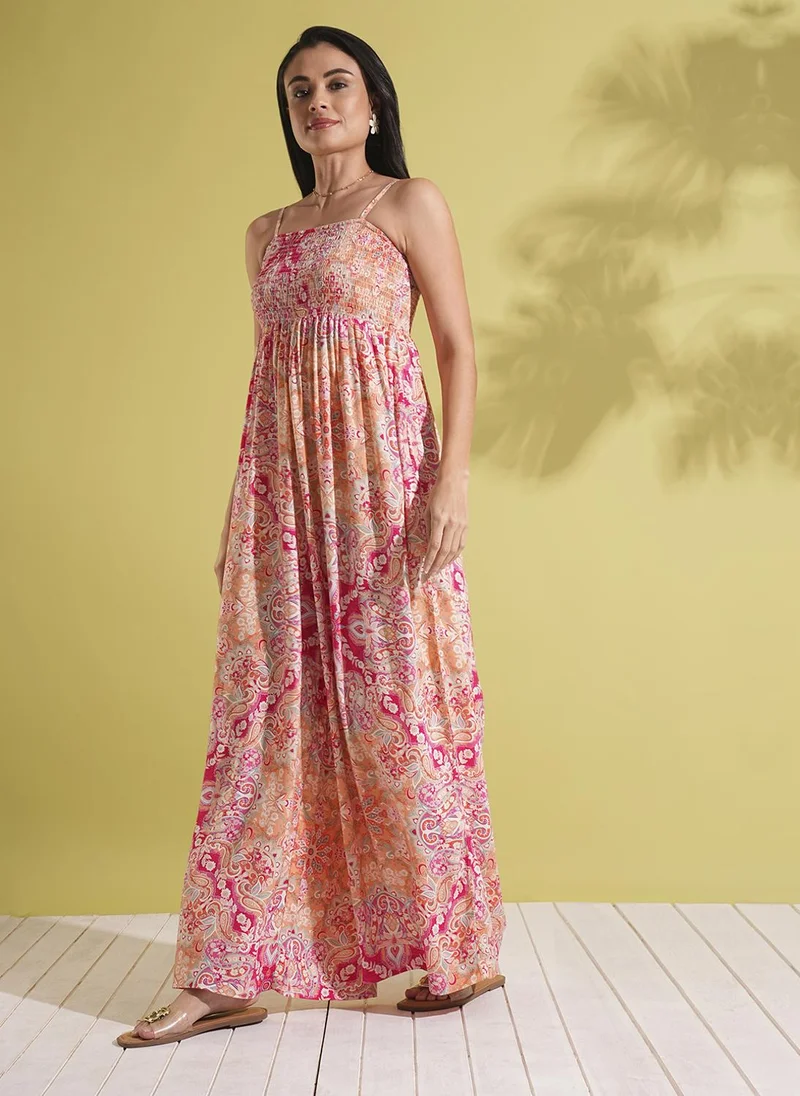 globus Pink Globus Women Square Neck Adjustable Strappy Shoulder Smocked Floral Print Wide Leg Jumpsuit for Women | Best Price UAE